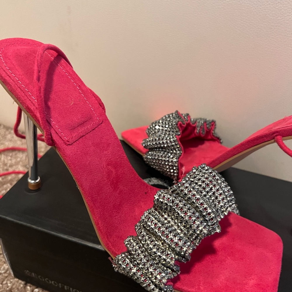 EGO Pink Rhinestone Ankle Wrap Around Heels